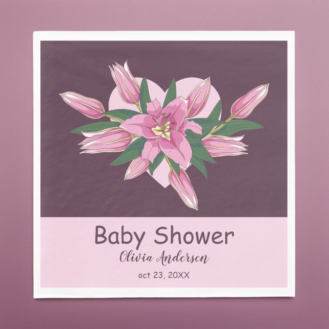 Serviette En Papier Baby shower Lily à floraison violette/Joyeux anniv (Purple Blooming Lily Baby Shower/Happy Birthday Napkins)