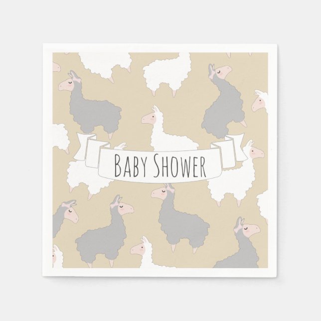 Serviette En Papier Baby shower Llamas Gris et Blanc Fluffé (Devant)