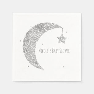 Serviette En Papier Baby Shower Lune et Étoiles Argent et Blanc