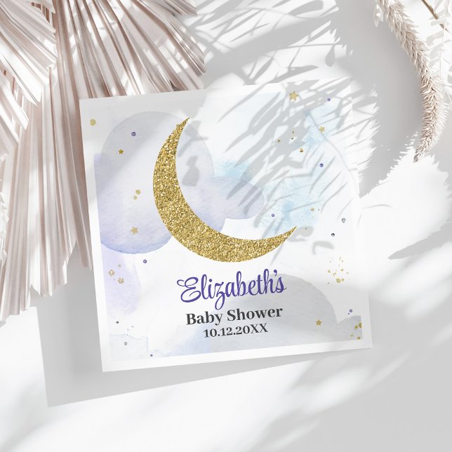 Serviette En Papier Baby shower Lune Parties scintillant d'or (Golden Glitter Moon Baby Shower Napkins on a sunny white table.)