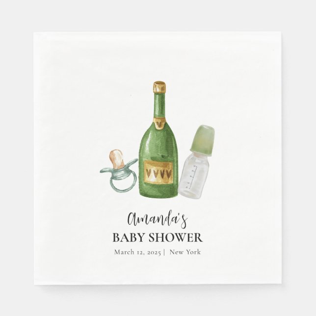 Serviette En Papier Baby shower minimal vert Poppin Champagne bouteill (Devant)