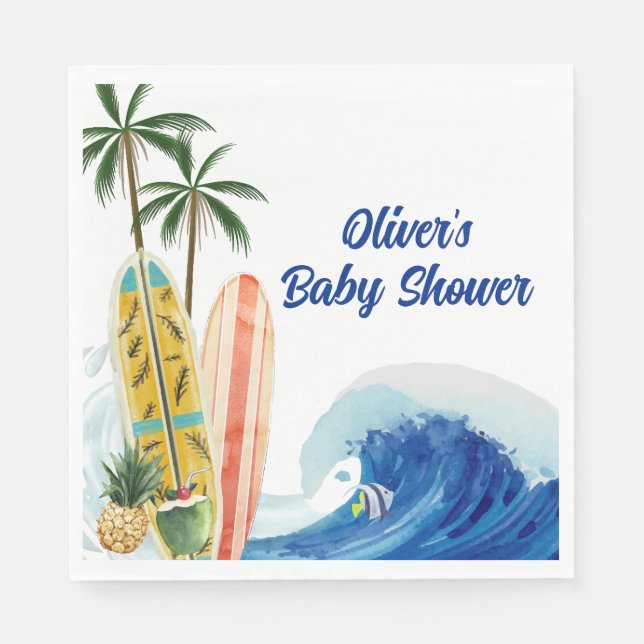 Serviette En Papier Baby shower moderne Blue Ocean Wave Surboard (Devant)
