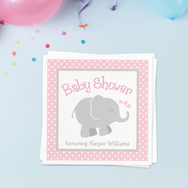 Serviette En Papier Baby shower moderne rose et gris éléphant fille (Créateur téléchargé)