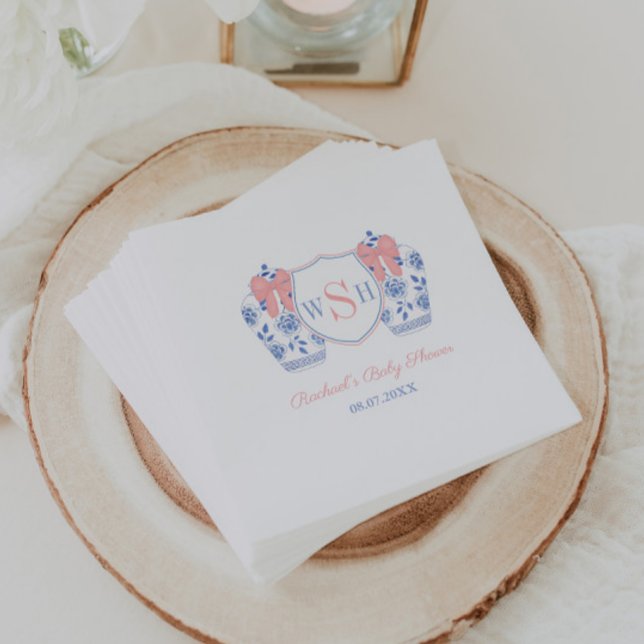 Serviette En Papier Baby shower Monogramme de fille rose Bow (Preppy ginger jars with pink bows and 3 letter monogram baby girl shower party napkins)