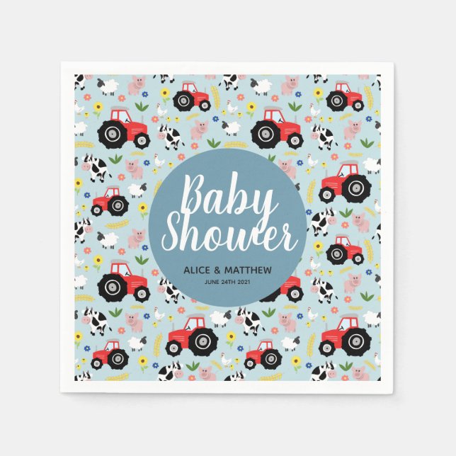 Serviette En Papier Baby shower Motif Boys Cute Farm Animal Tractor (Devant)