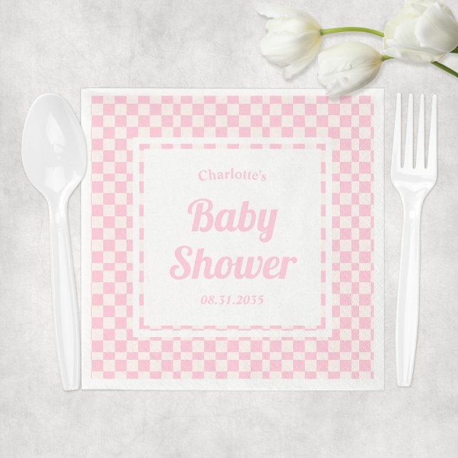 Serviette En Papier Baby shower Motif Retro Pink Pastel Check (Retro Pink Pastel Check Pattern Girl Baby Shower Napkins
)