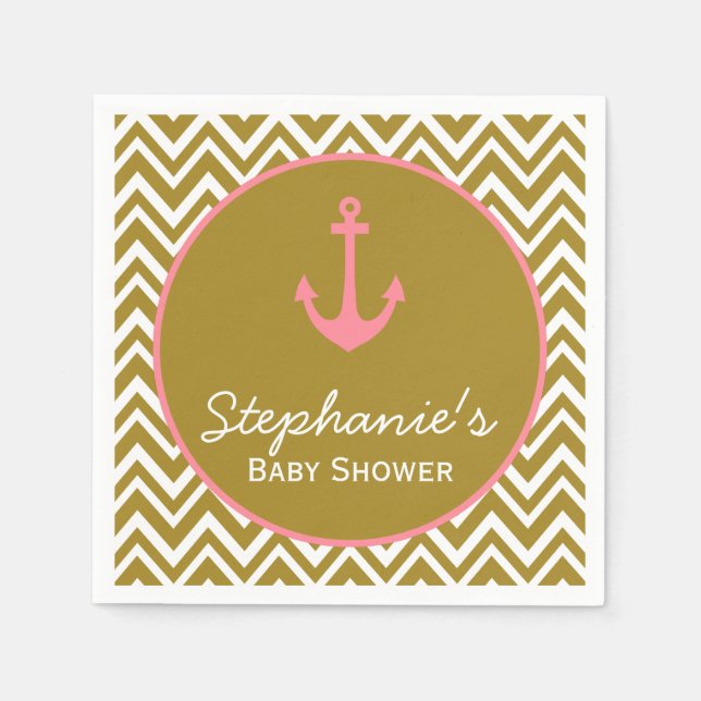 Serviette En Papier Baby shower nautique Gold et Rose Chevron (Devant)
