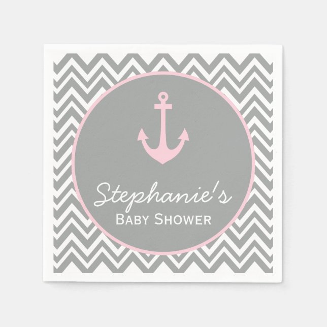 Serviette En Papier Baby shower nautique gris et rose pastel Chevron (Devant)