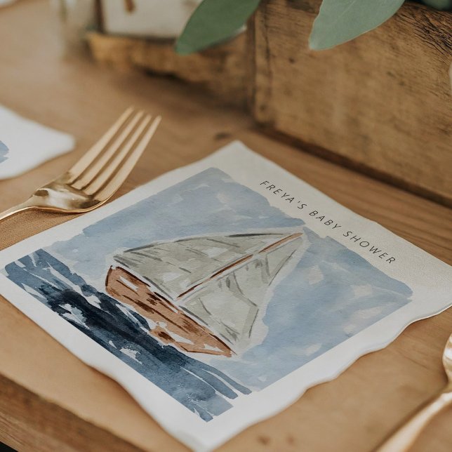 Serviette En Papier Baby shower nautique Personnalisé (Blue nautical watercolor sailboat modern baby shower personalized napkins.)