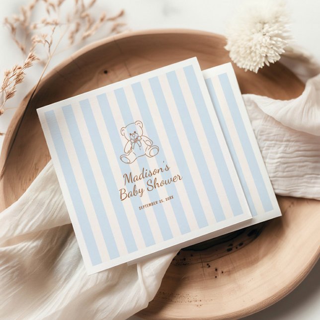 Serviette En Papier Baby-Shower Ours en Peluche Rayures Bleues (Créateur téléchargé)