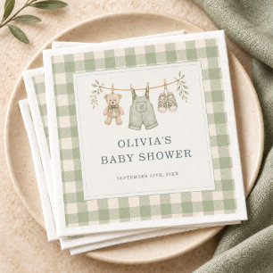 Serviette En Papier Baby Shower Ours en Velours Vert Sauge à Carreaux