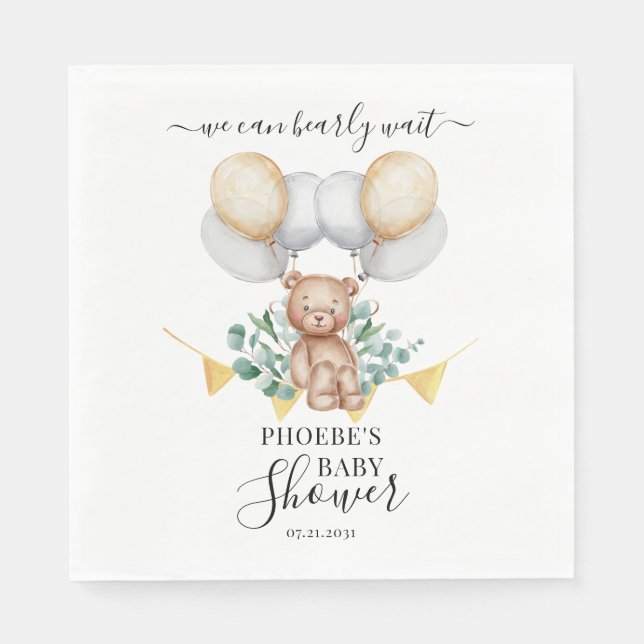 Serviette En Papier Baby shower Ours Eucalyptus Nous Pouvons Attendre (Devant)