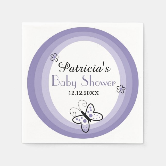Serviette En Papier Baby shower Papillon moderne violet et blanc (Devant)