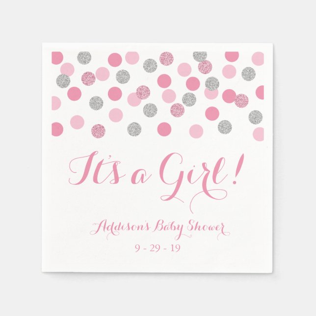Serviette En Papier Baby shower Parties scintillant rose et argent (Devant)