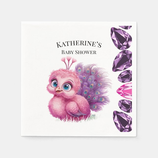 Serviette En Papier Baby shower Peacock pour bébé rose et pourpre (Devant)