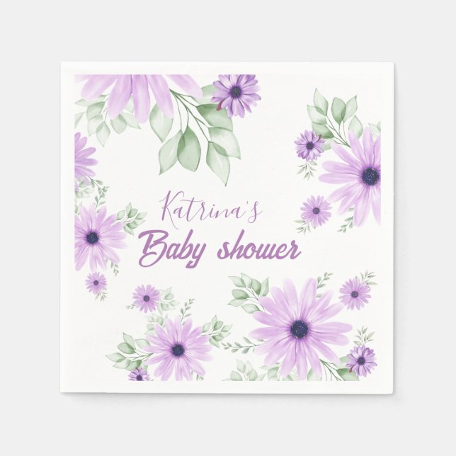 Serviette En Papier Baby shower personnalisé de fleurs d'aquarelle vio (Devant)