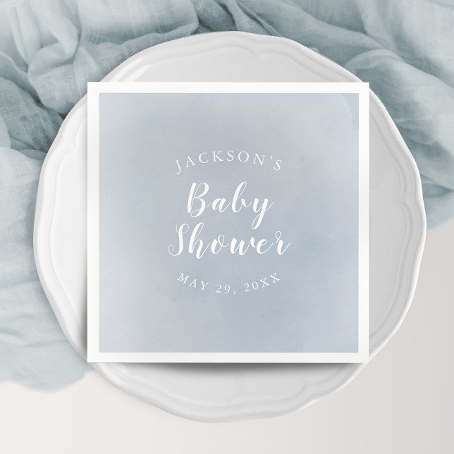 Serviette En Papier Baby shower personnalisé Dusty Blue Watercolor (Personalized Dusty Blue Watercolor Baby Shower Napkins)