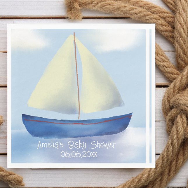 Serviette En Papier Baby shower personnalisé Little Blue Sailboat (Ship Ahoy- It's a boy! Whimsical blue sailboat baby shower paper napkins.)