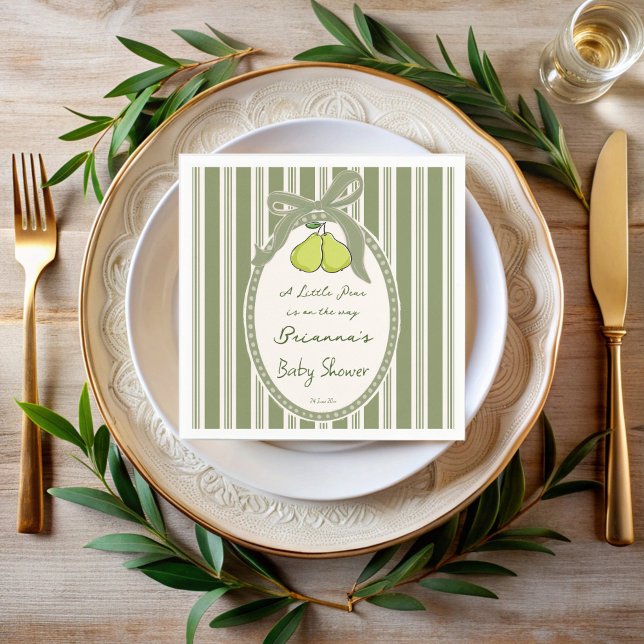 Serviette En Papier Baby shower personnalisé rayures rétro vert sauge  (Pear sage green retro stripes vintage baby shower custom napkins personalized decor )