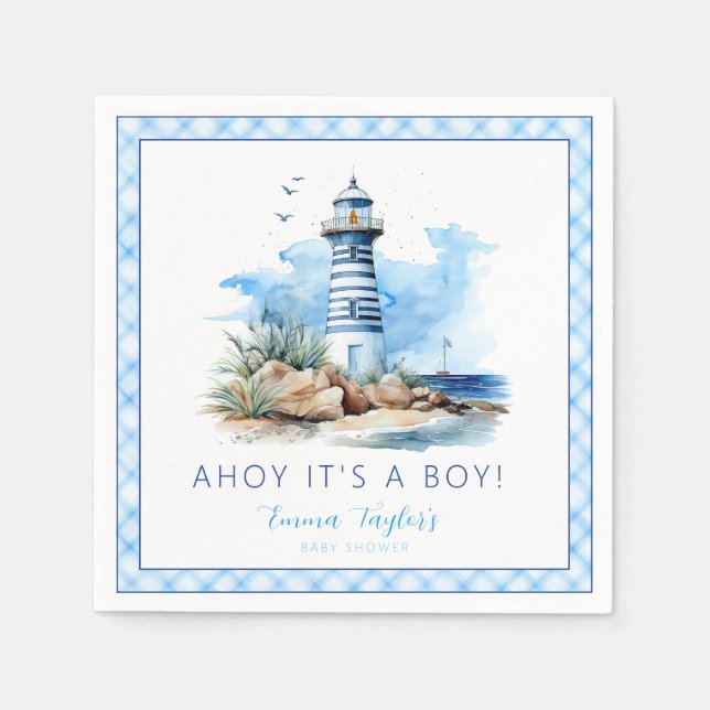 Serviette En Papier Baby shower phare bleu marine (Devant)