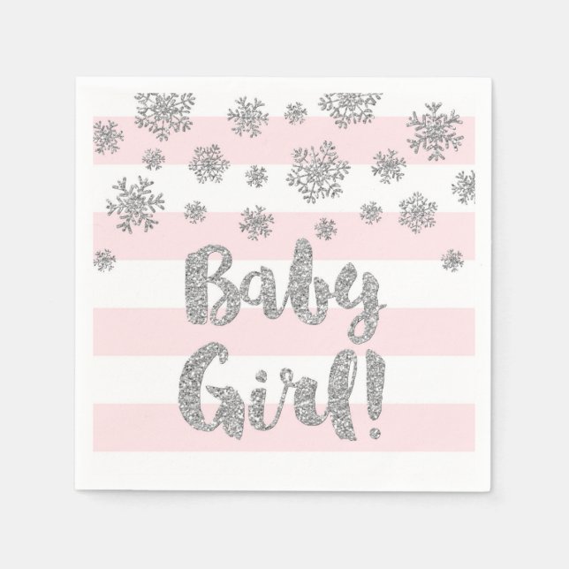 Serviette En Papier Baby shower Pink Stripes Silver Snowflakes (Devant)