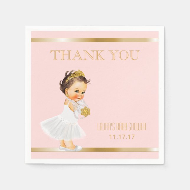 Serviette En Papier Baby shower Princesse | Merci d'or rose (Devant)