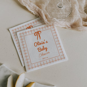 Serviette En Papier Baby Shower Rétro à Motif Gingham Orange Ruban à M