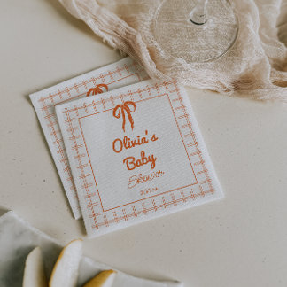 Serviette En Papier Baby Shower Rétro à Motif Gingham Orange Ruban à M
