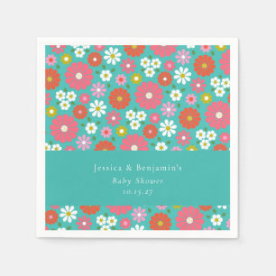 Serviette En Papier Baby Shower Rétro Floral Printanier Rose Turquoise