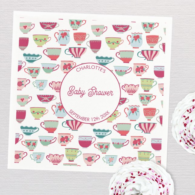 Serviette En Papier Baby shower Retro Tea Party Personnalisé (Modern retro teacup baby shower tea party personalized paper napkins)