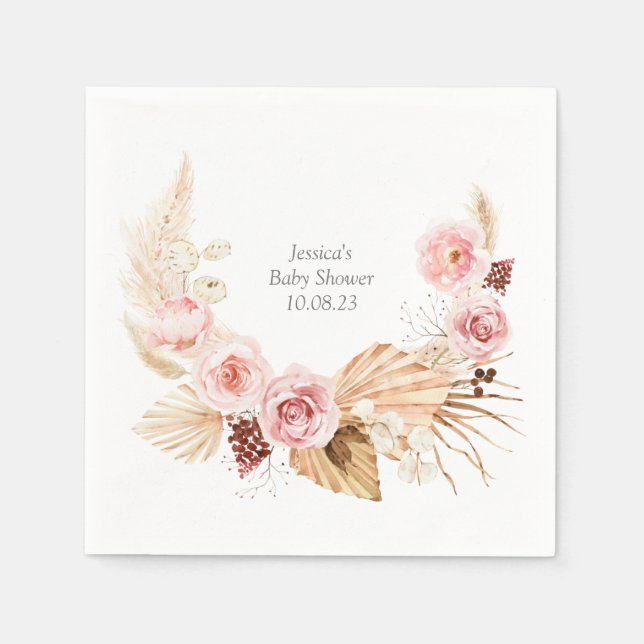 Serviette En Papier Baby shower rose Aquarelle Boho Floral (Devant)