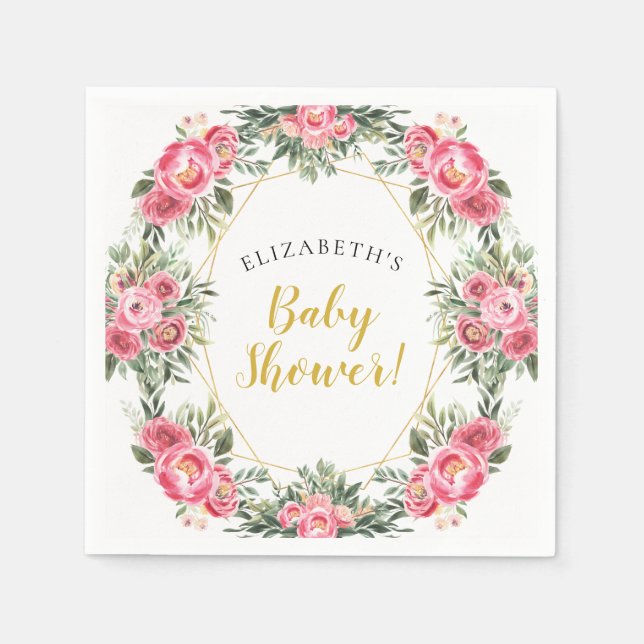 Serviette En Papier Baby shower rose de pivoines d'or (Devant)