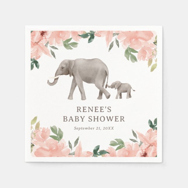 Serviette En Papier Baby shower rose floral Eléphant fille (Devant)