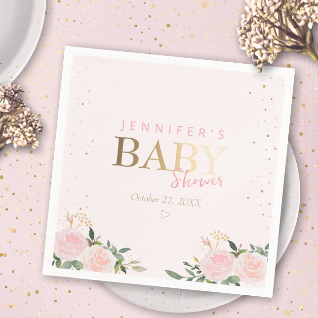 Serviette En Papier Baby shower Rose Floral Gold Girl (Créateur téléchargé)