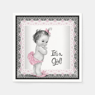 Serviette En Papier Baby Shower Rose Pâle et Gris Vintage