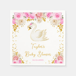 Serviette En Papier Baby Shower Rose Pink et Or Cygne