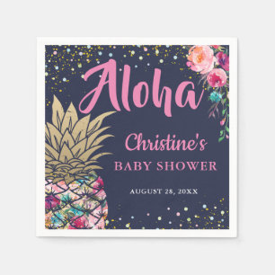 Serviette En Papier Baby shower rose tropical de bleu marine d'ananas