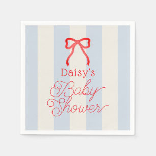 Serviette En Papier Baby Shower Ruban Rouge & Rayures Bleu Clair