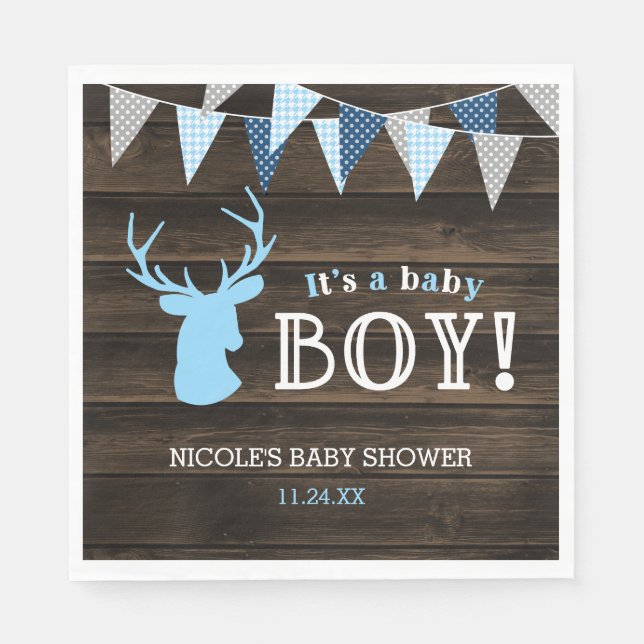Serviette En Papier Baby shower rustique Bois Bleu Cerf (Devant)