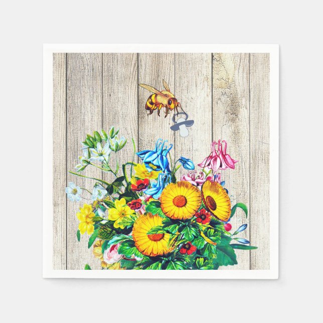 Serviette En Papier Baby shower Rustique Floral Bees Pacifier (Devant)