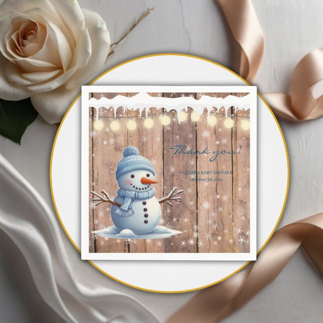 Serviette En Papier Baby shower rustique moderne élégant Blue Snowman (Créateur téléchargé)
