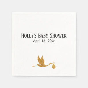 Serviette En Papier Baby shower simple Faux Gold Stork Nom et date
