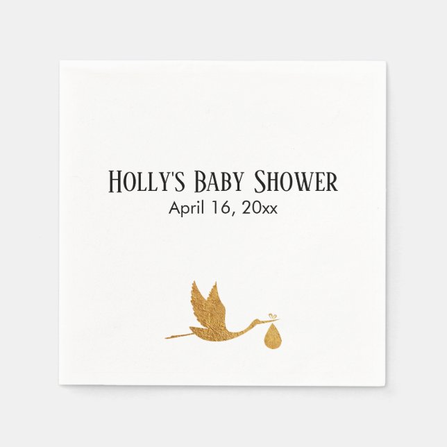 Serviette En Papier Baby shower simple Faux Gold Stork Nom et date (Devant)