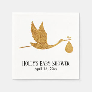 Serviette En Papier Baby shower simple Faux Gold Stork Nom et date