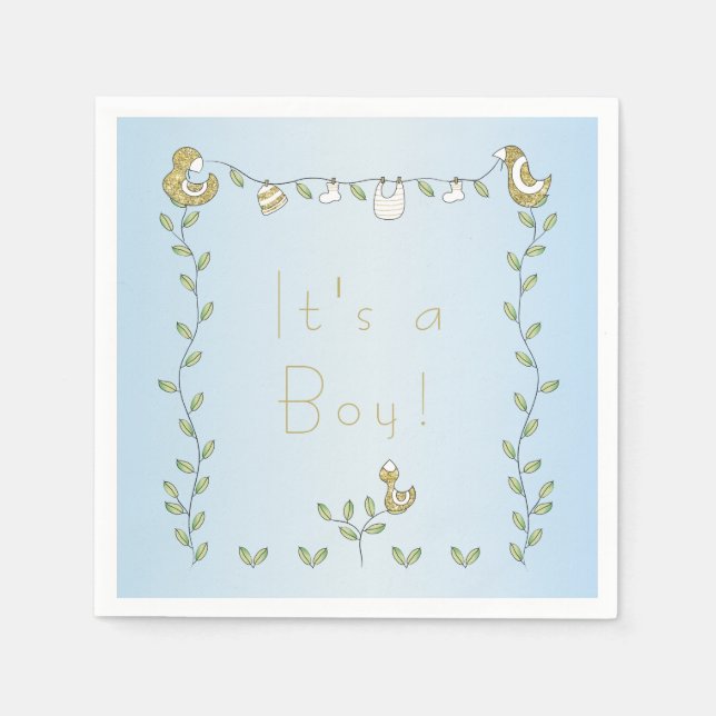 Serviette En Papier Baby shower Standard Napkin BLEU "Gold Birds" (Devant)