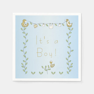 Serviette En Papier Baby shower standard Napkin BLUE "Gold Birds"