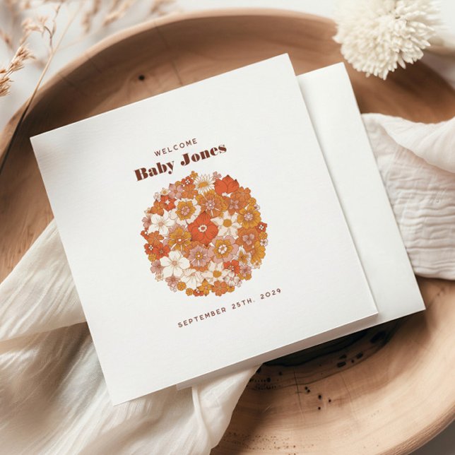 Serviette En Papier Baby shower super Retro Floral Rose Orange (Créateur téléchargé)