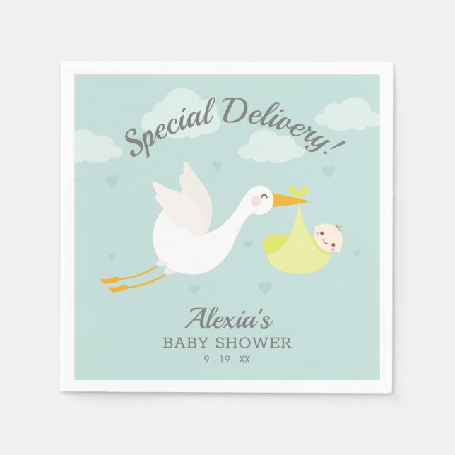Serviette En Papier Baby shower superposé pour bébé jaune cigogne (Devant)