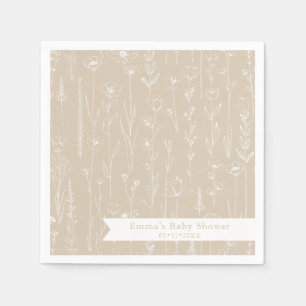 Serviette En Papier Baby-Shower Taupe Fleur Sauvage Motif Floral