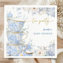 Baby Shower Tea Party Bébé Garçon Bleu & Or Floral